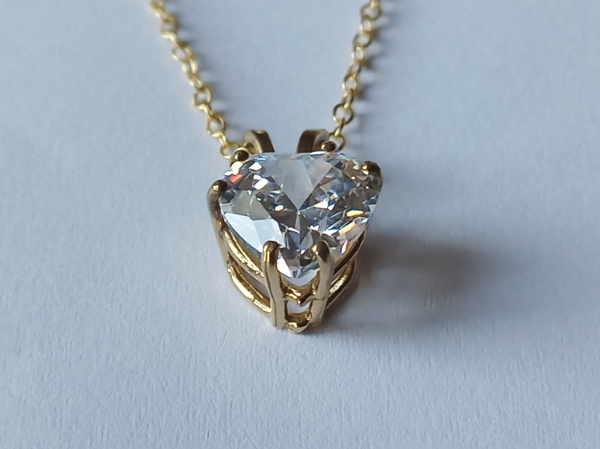 gold plated silver chain with 10 mm white zirconia heart pendant-anchor chain 45 cm--